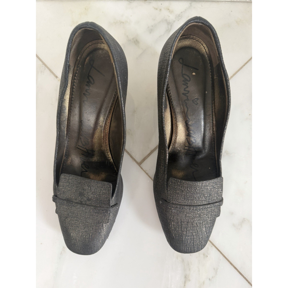 LANVIN Metallic Black Gold Block Heel Pumps Size 38 US 7 Women Leather Heels 2” - Picture 3 of 11